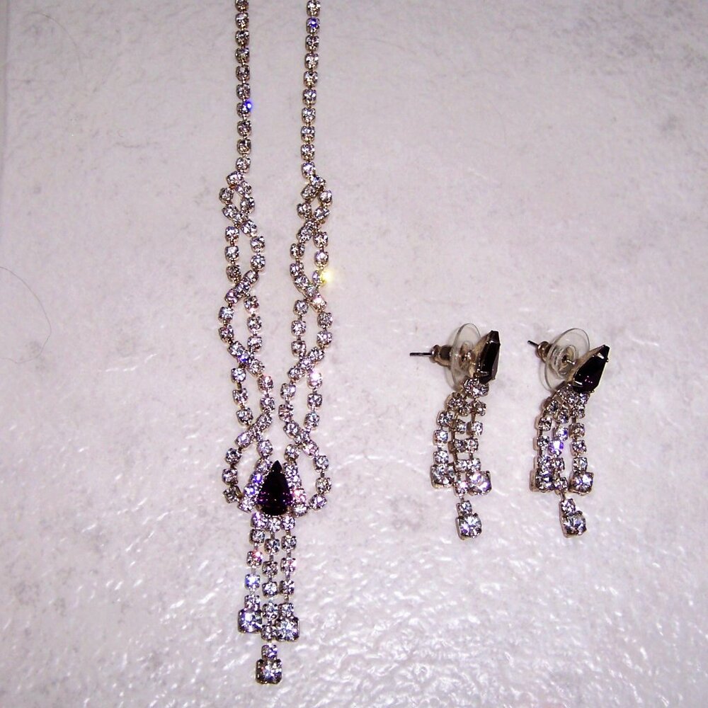 Purple and Clear Rhinestone Necklace Earrings Set Formal Bridal Prom Cruise